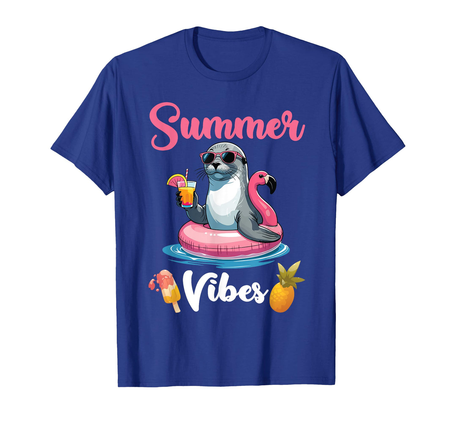 Seal On Flamingo Float And Drinking Fruit Punch Summer Vibes T-Shirt