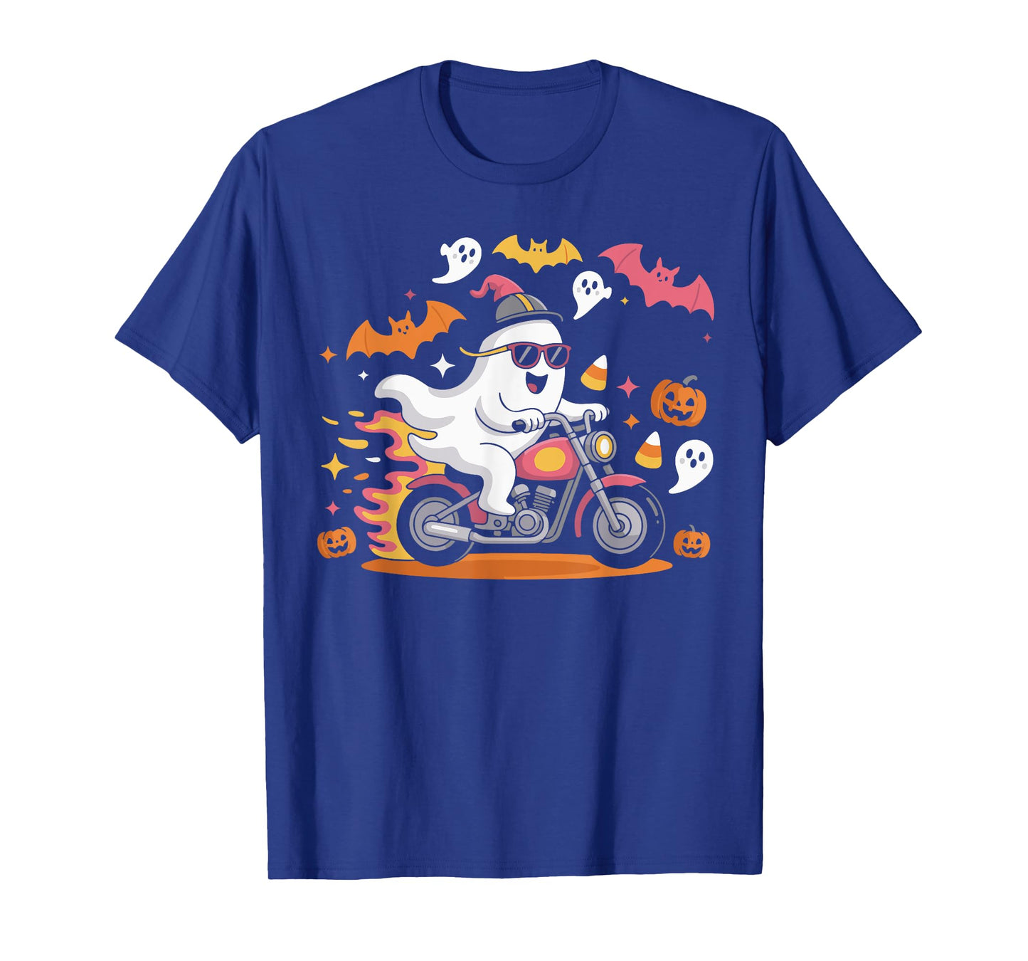 Funny Ghost Biker Halloween With Flames And Pumpkins Men T-Shirt
