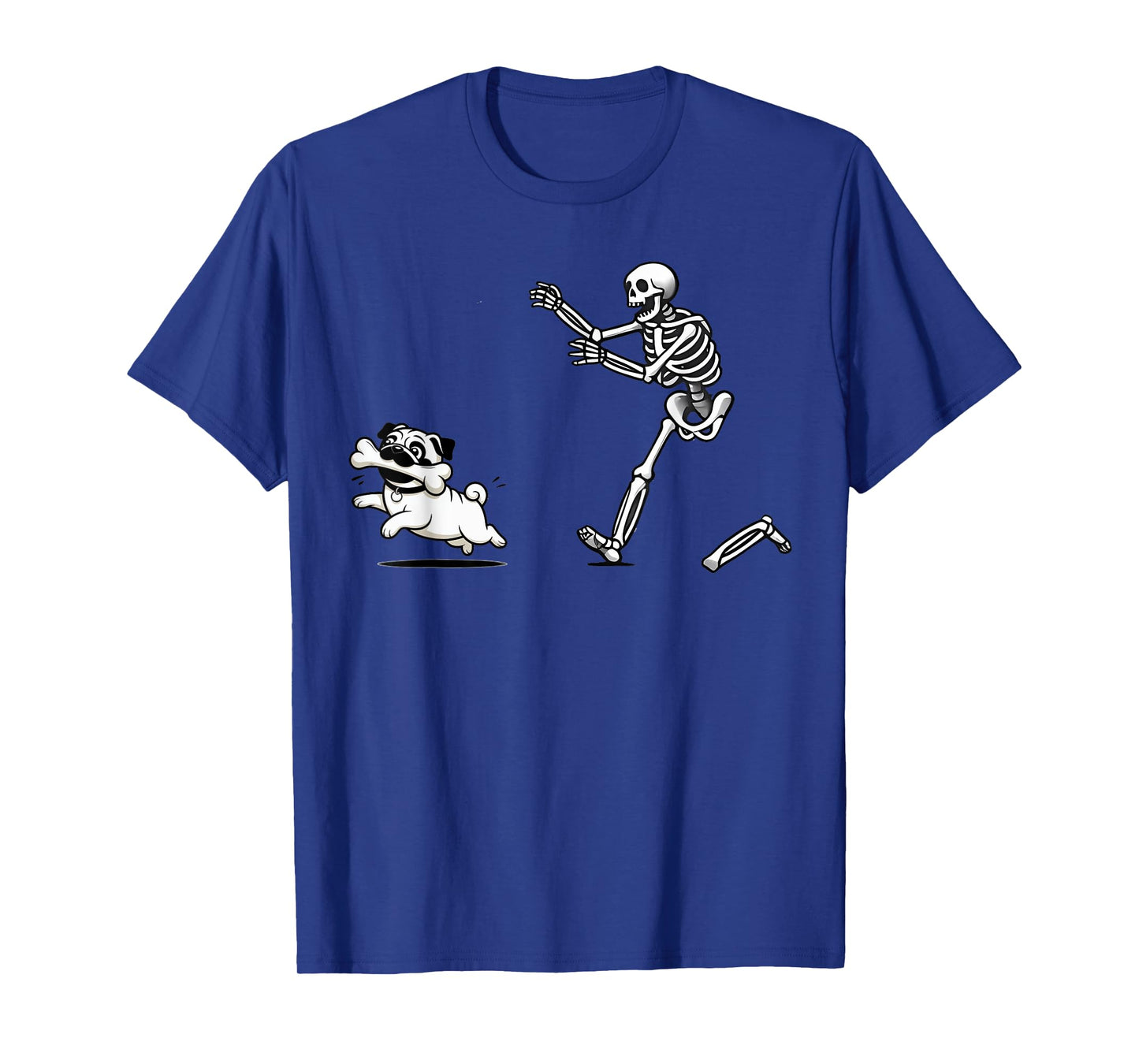 Funny Pug Dog Steals Bone from Skeleton Design T-Shirt