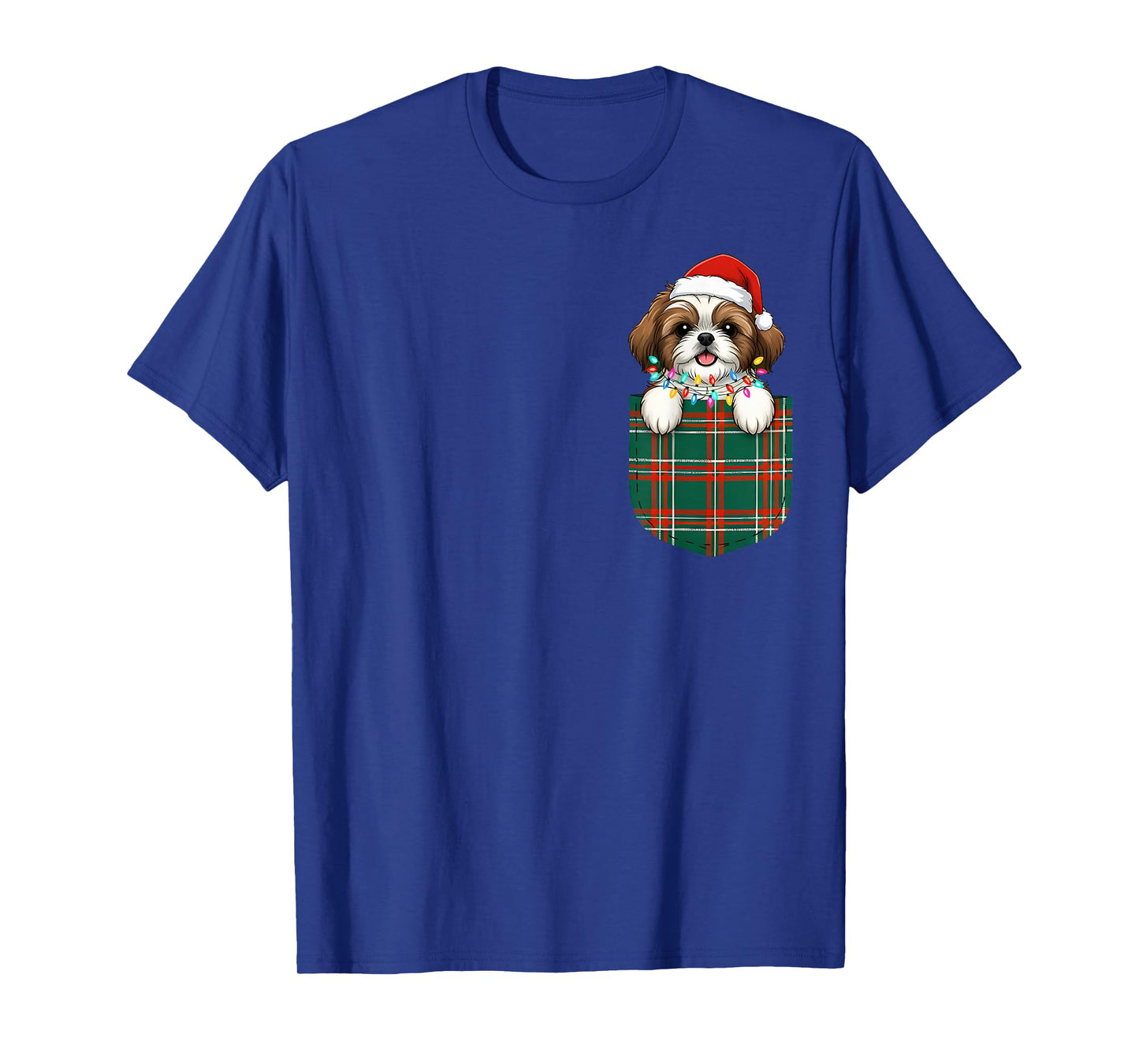 Shih Tzu Buffalo Plaid Green Red White Pocket Christmas T-Shirt