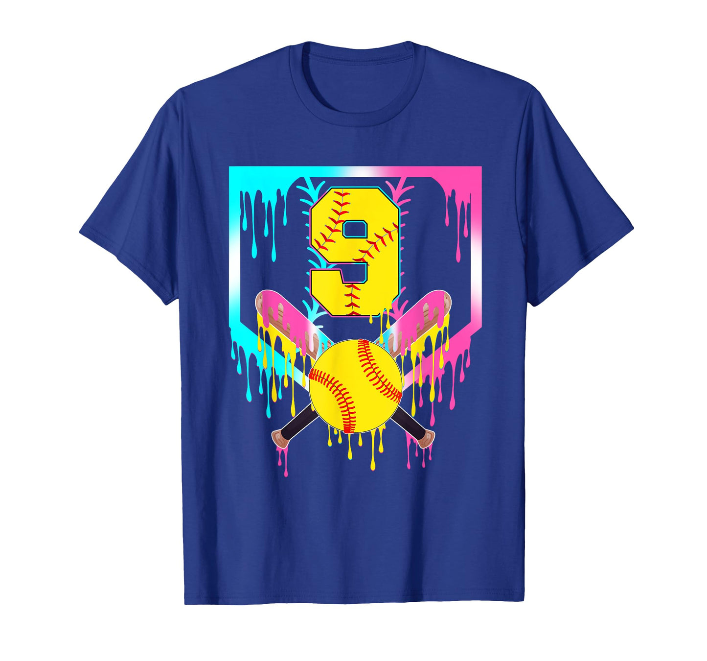 9th Bday Softball Home Plate Drip Ice Cream 9 Year Old T-Shirt