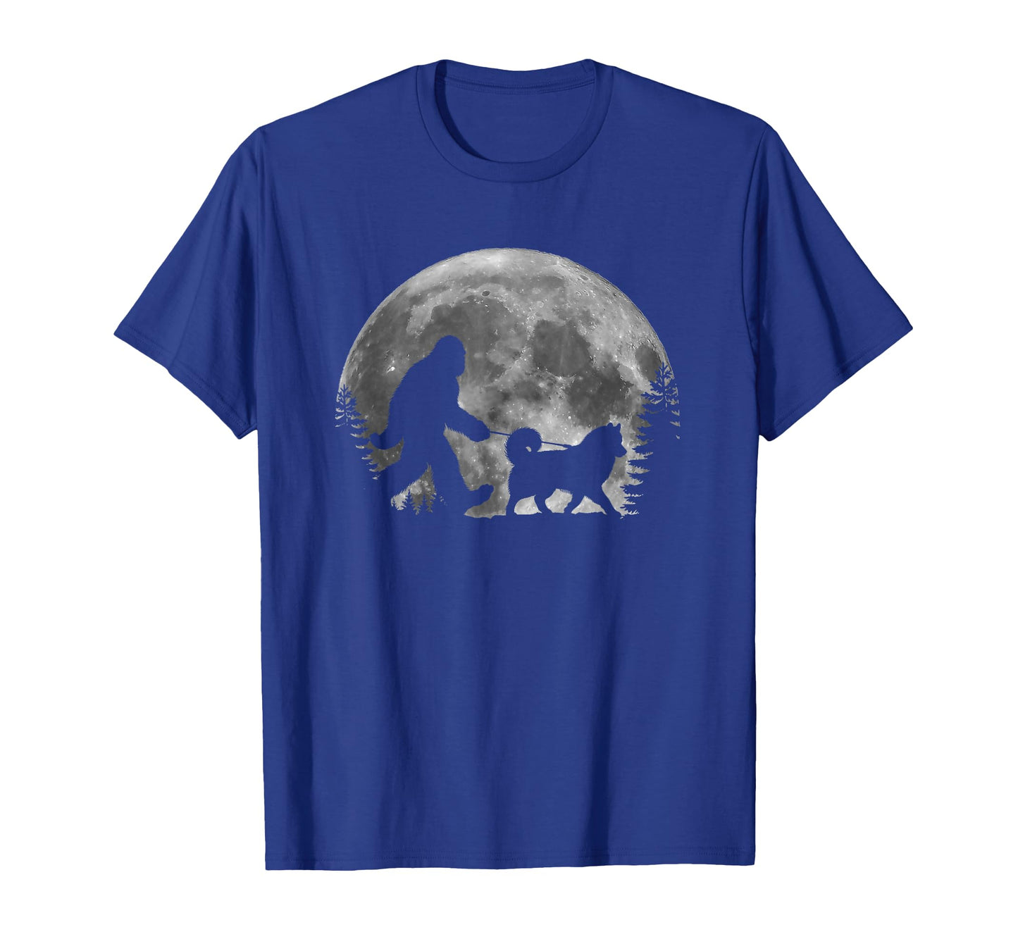 Bigfoot Walking a Dog Funny Siberian Husky Moon Halloween T-Shirt for Men Women Kids