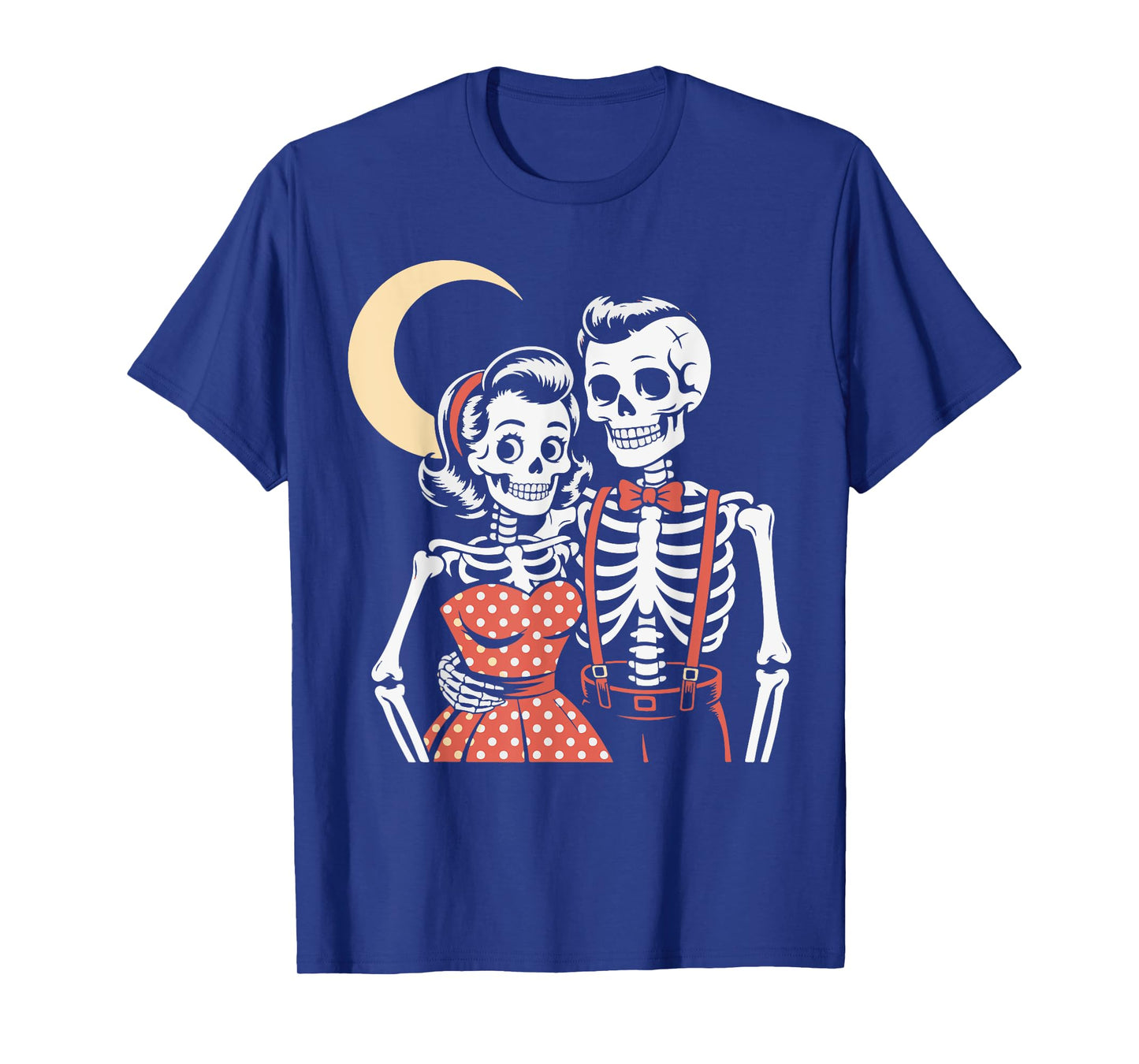 Vintage Halloween Skeleton Couple in Love 1950s Style Moon T-Shirt