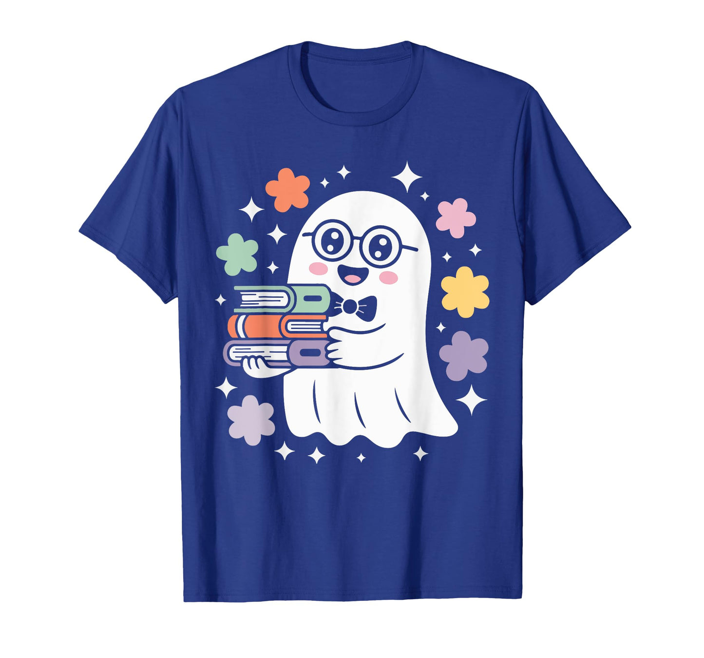 Kawaii Ghost Holding Bold Color Book Stack Halloween T-Shirt