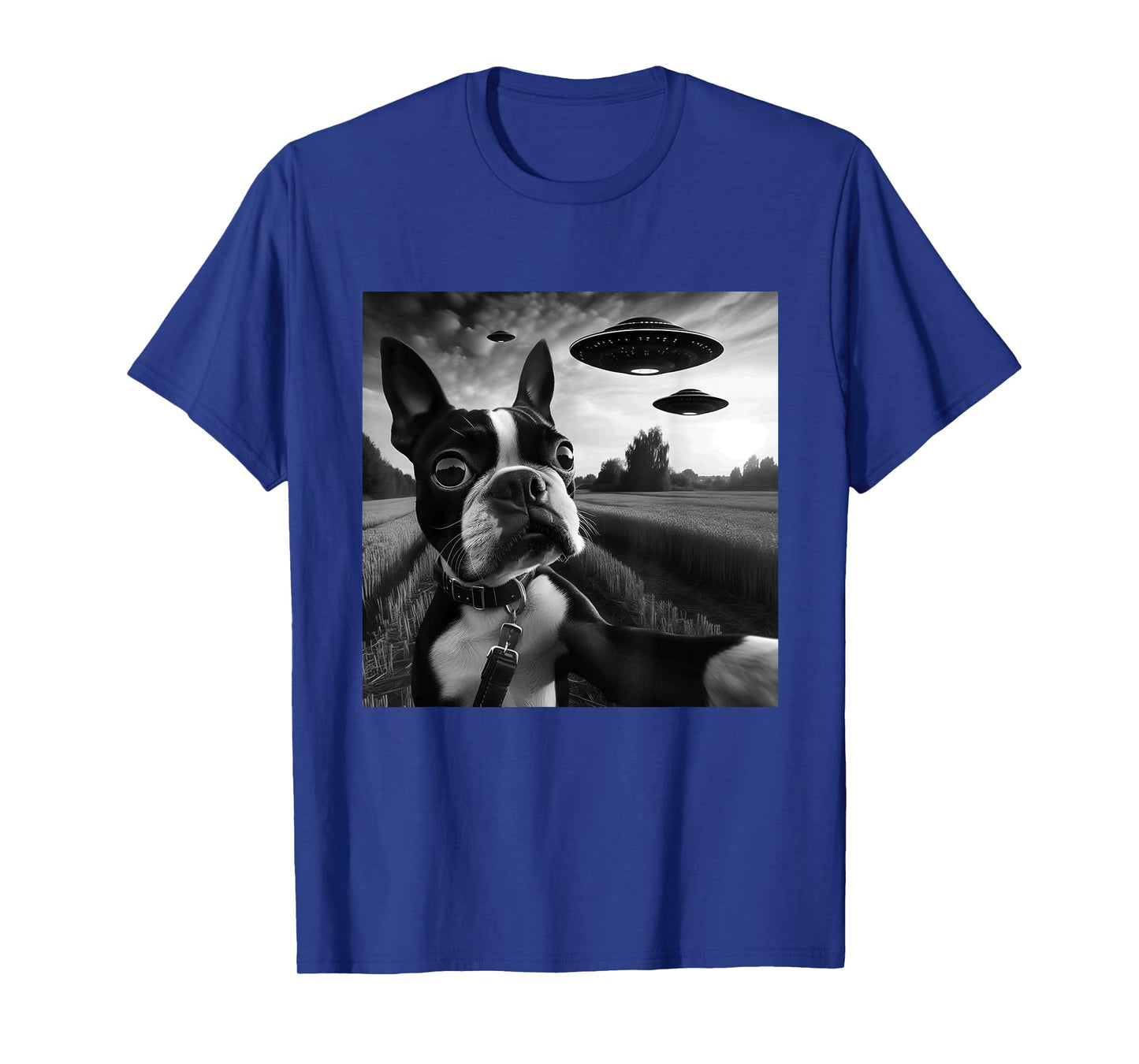 Boston Terrier Funny Graphic Selfie with UFOs Weird Aliens T-Shirt