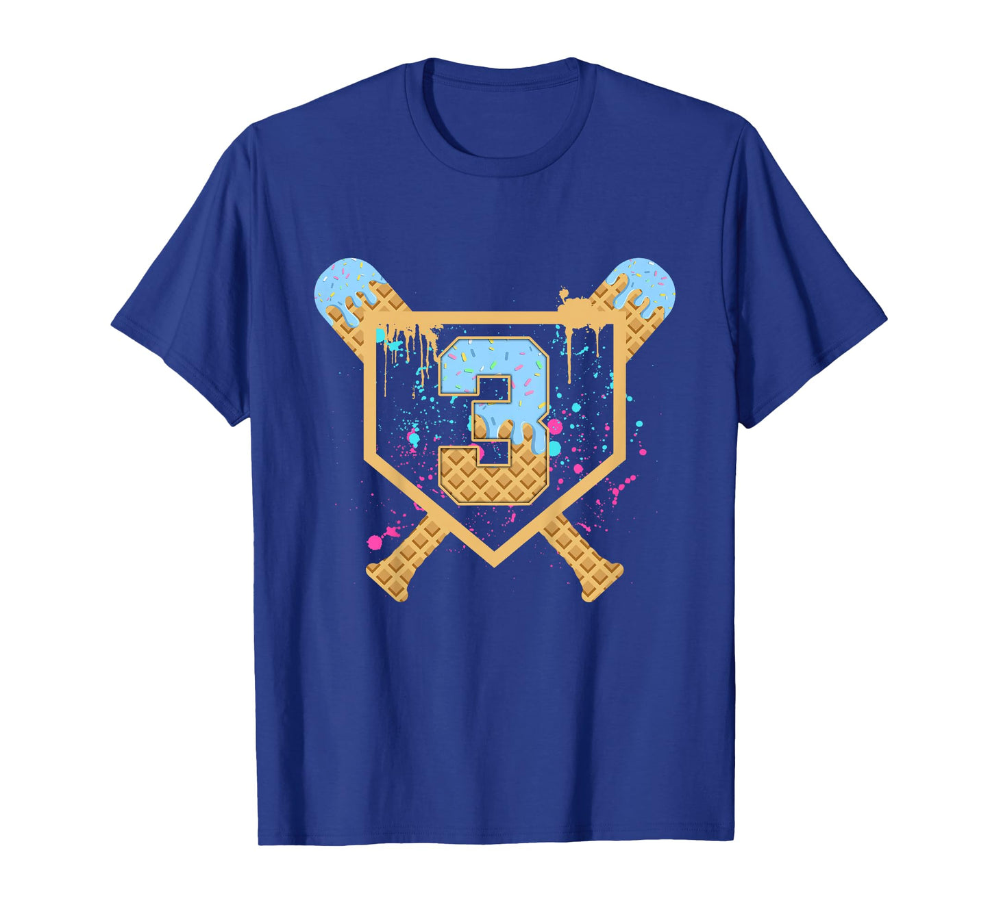 Kids Baseball 3 Year Old Ice Cream Drip 3rd Birthday Boy Number 3 T-Shirt