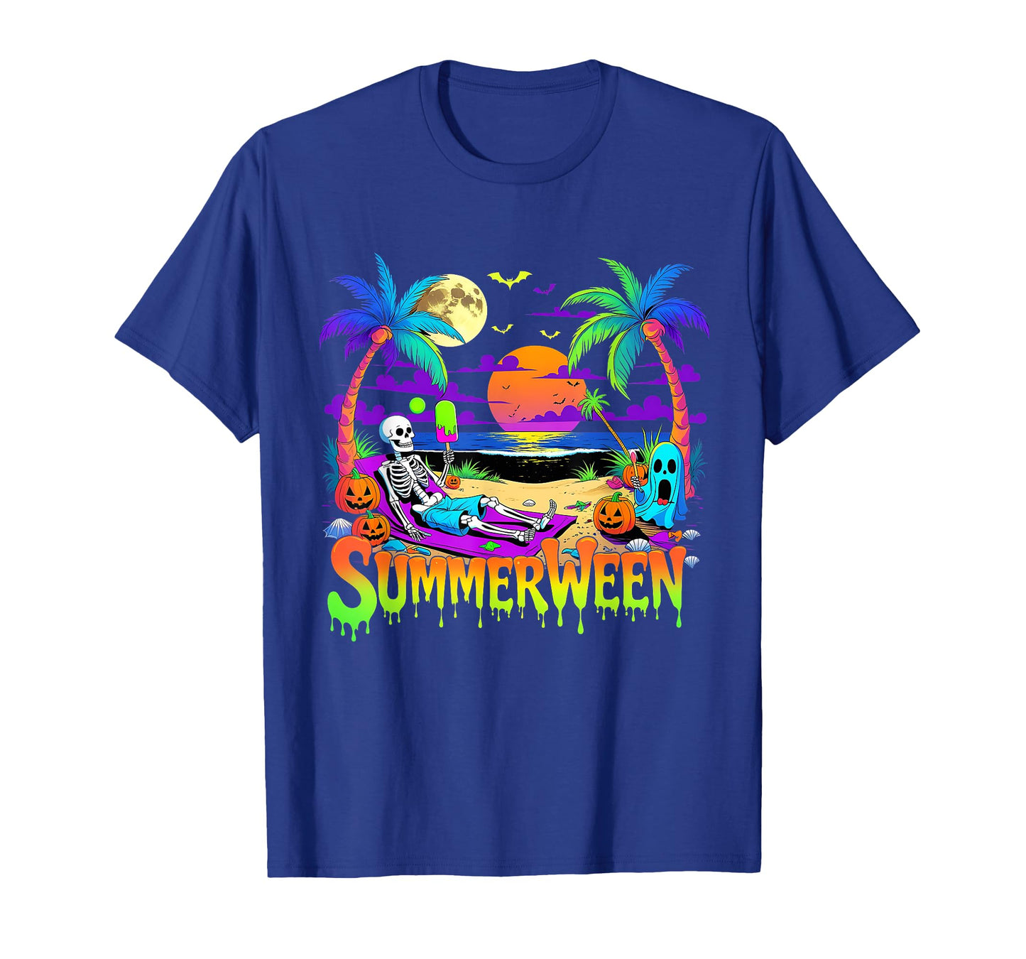 Summerween Skeleton Ghost Beach Funny Spooky Halloween T-Shirt