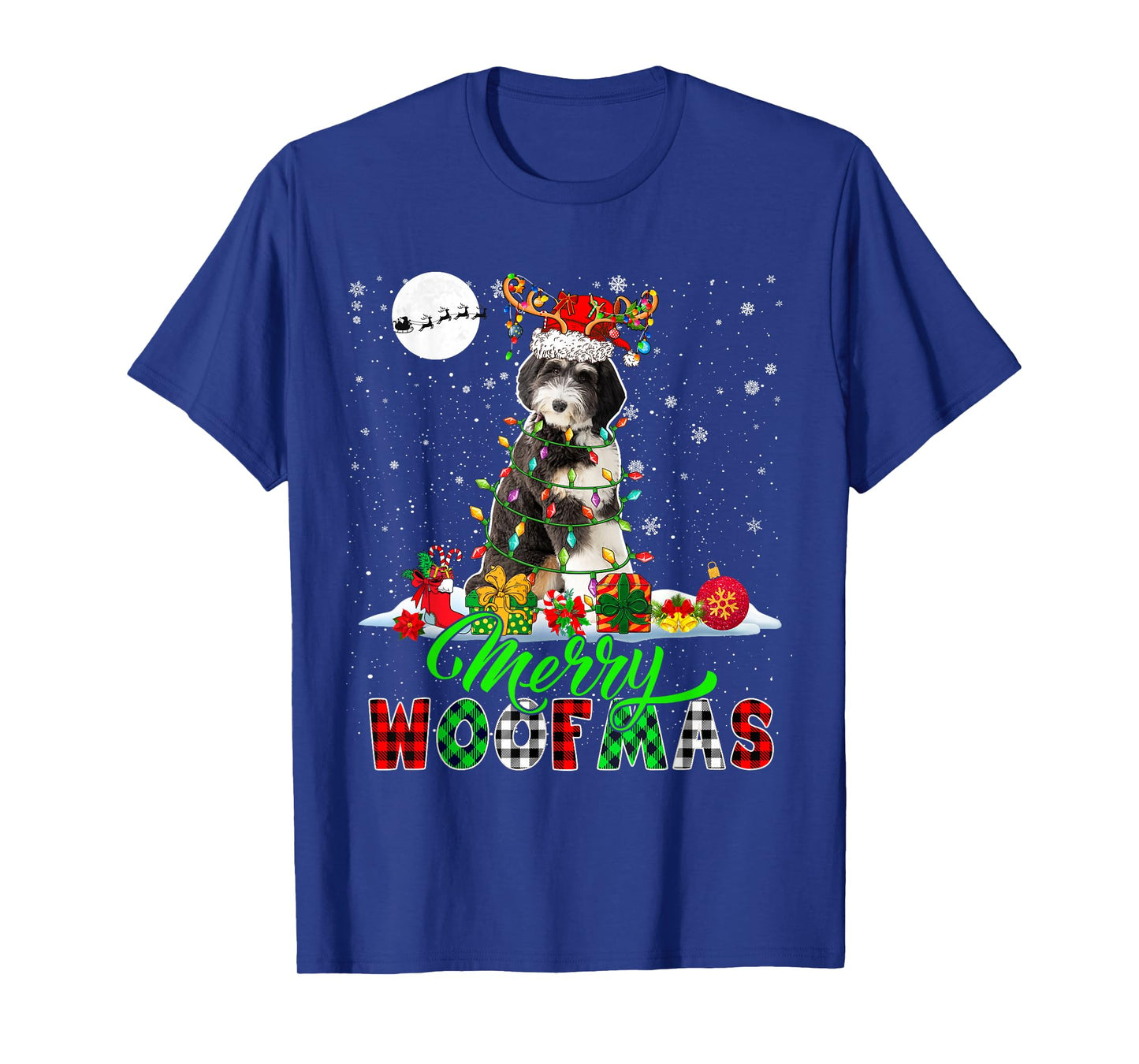 Merry Christmas Funny Woof Xmas Santa Reindeer Bernedoodle T-Shirt