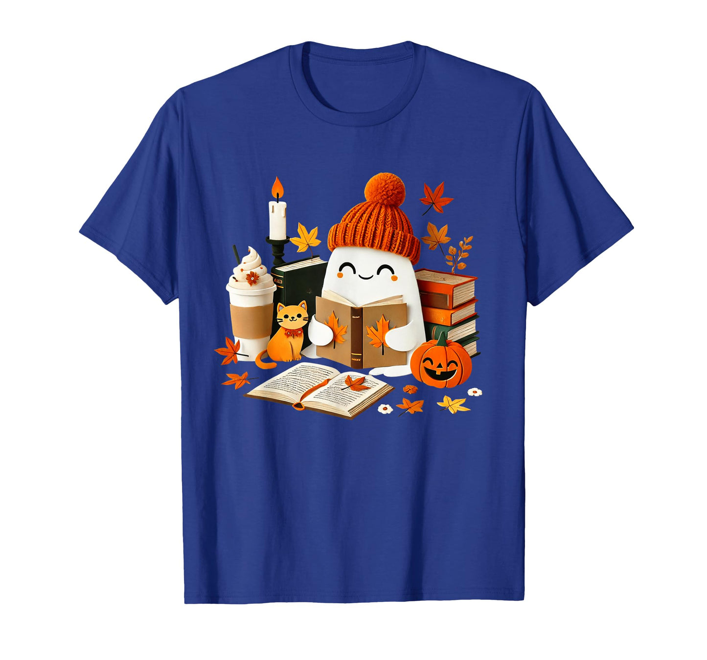 Cute Ghost Cat Reading Book Lovers Halloween Women Girls T-Shirt