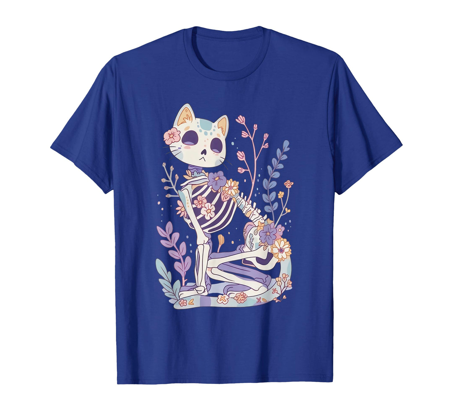 Kawaii Pastel Floral Goth Cute Creepy Cat Skeleton T-Shirt