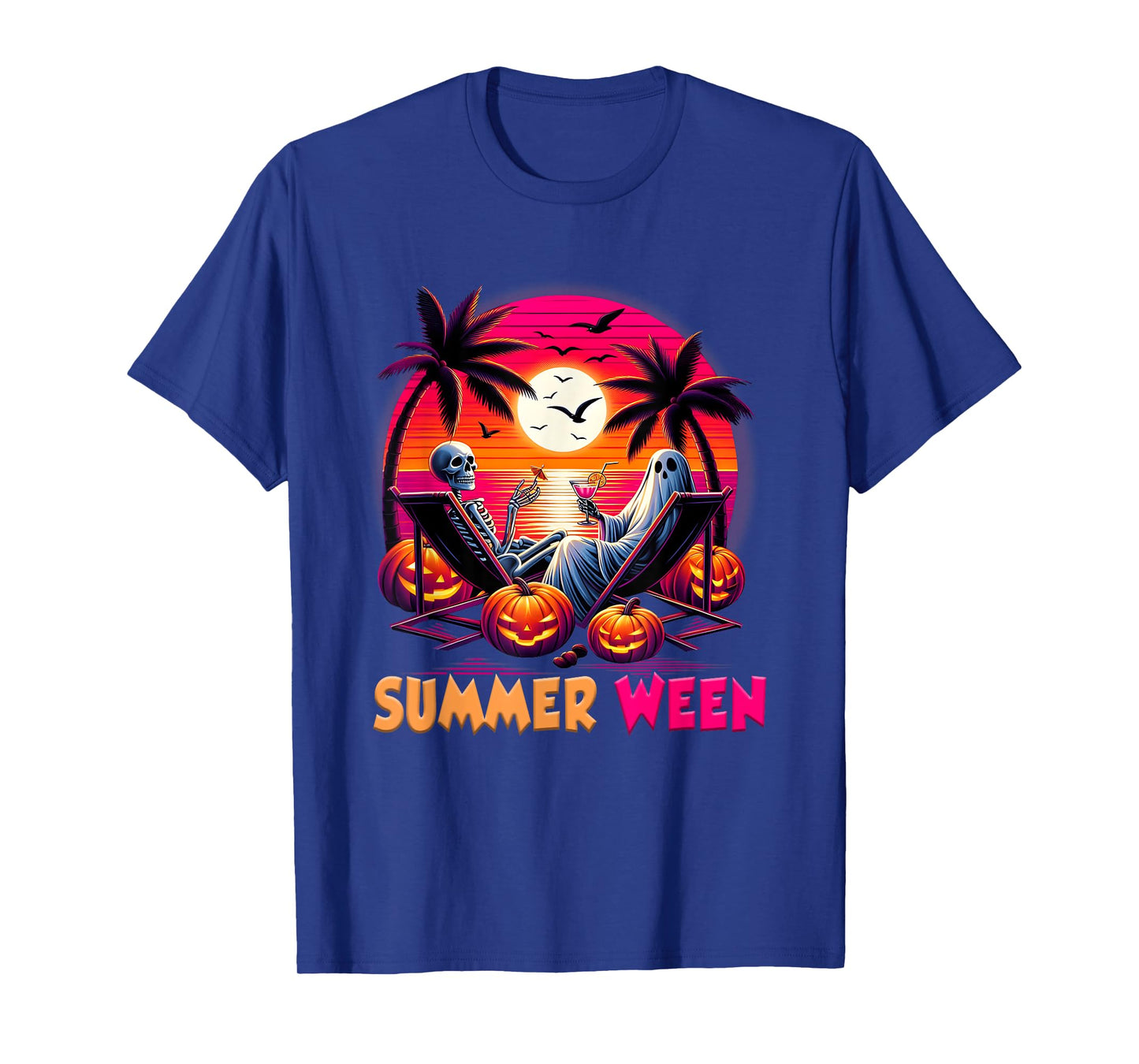 Skeleton Summer-ween Beach Halloween Vibe Sunset Party T-Shirt