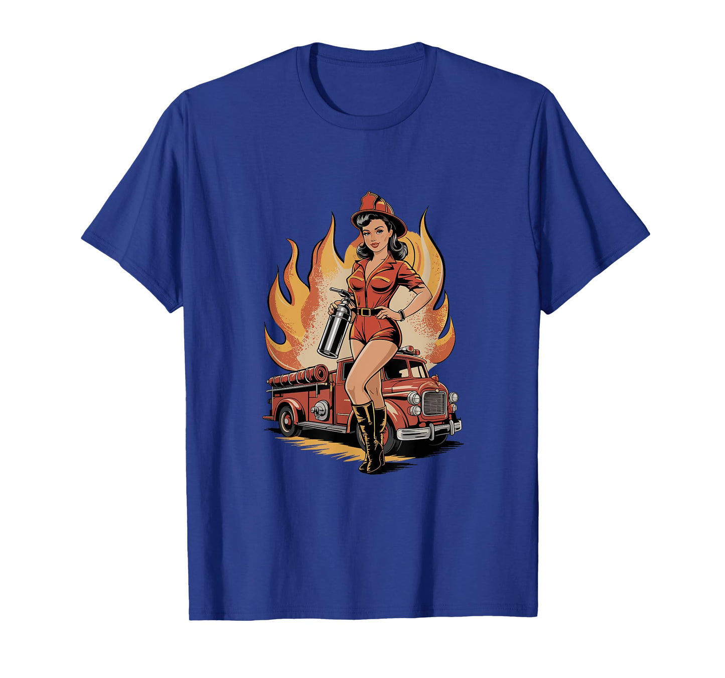 Retro Firefighter Pin Up Girl Fire Truck T-Shirt