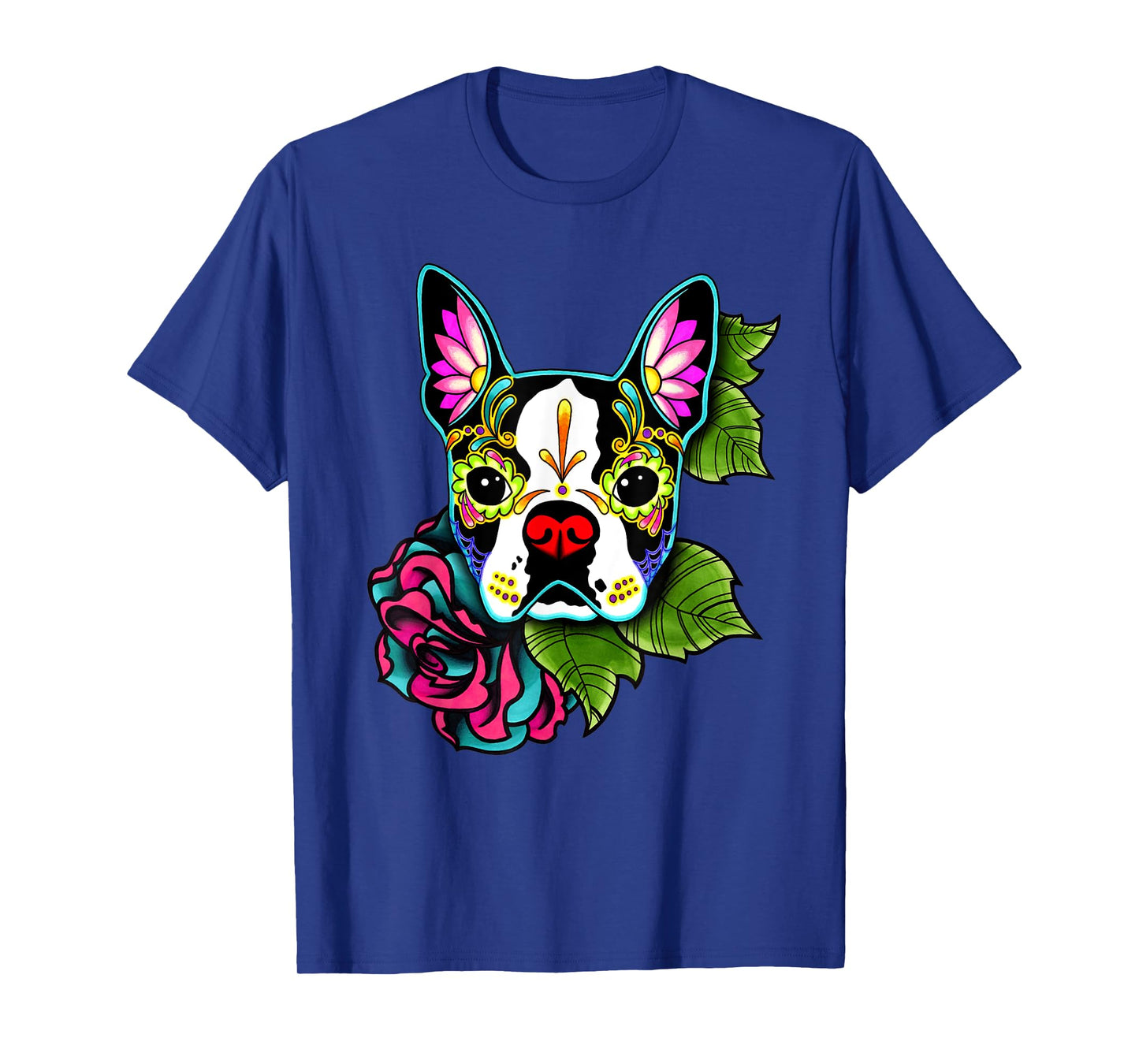 Boston Terrier in Black - Day of the Dead Sugar Skull Dog T-Shirt for Men Women Kids