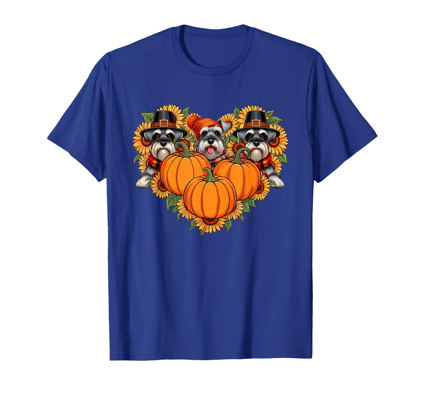 Three Cute Schnauzers Thanksgiving Pilgrim Fall Sunflowers T-Shirt
