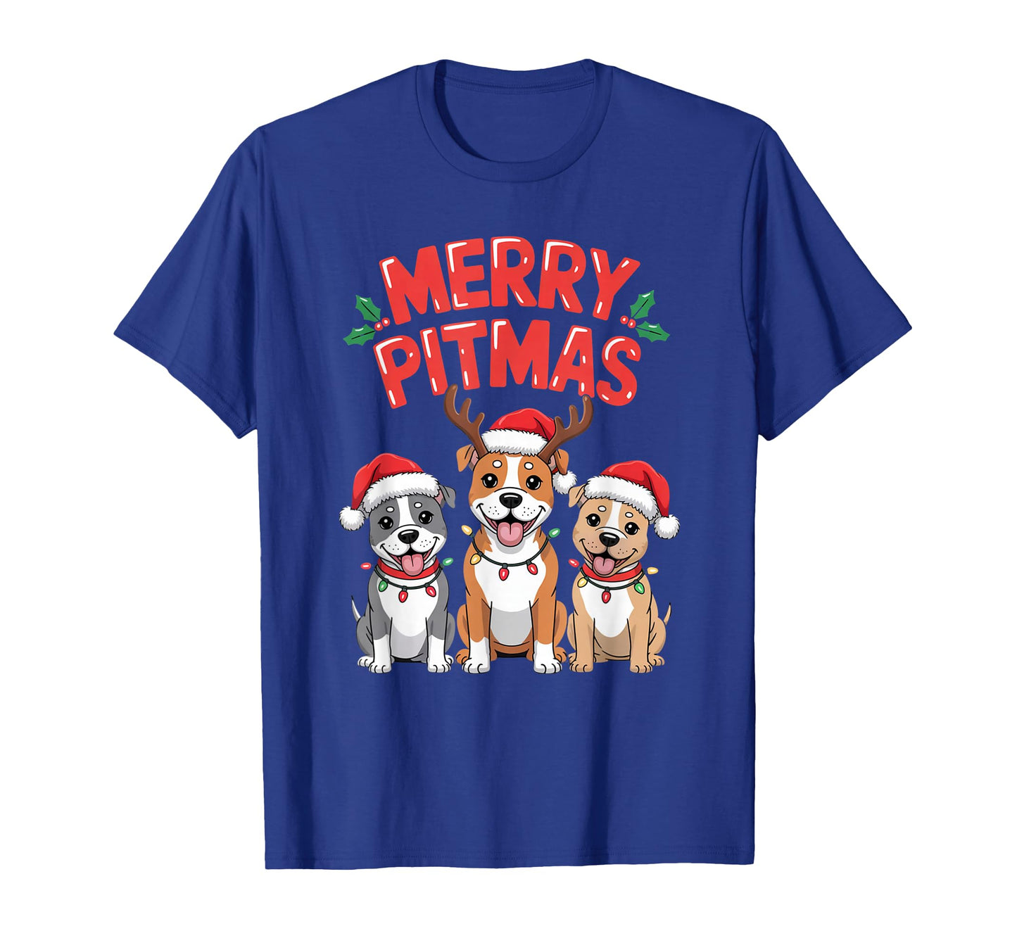 Merry Pitmas Funny Christmas Pitbull Dog Lights Santa Hat T-Shirt