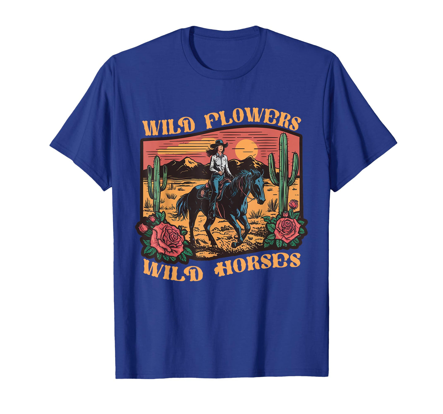 Vintage Sunset Cowgirl Riding Horse Wildflowers Women Girls T-Shirt