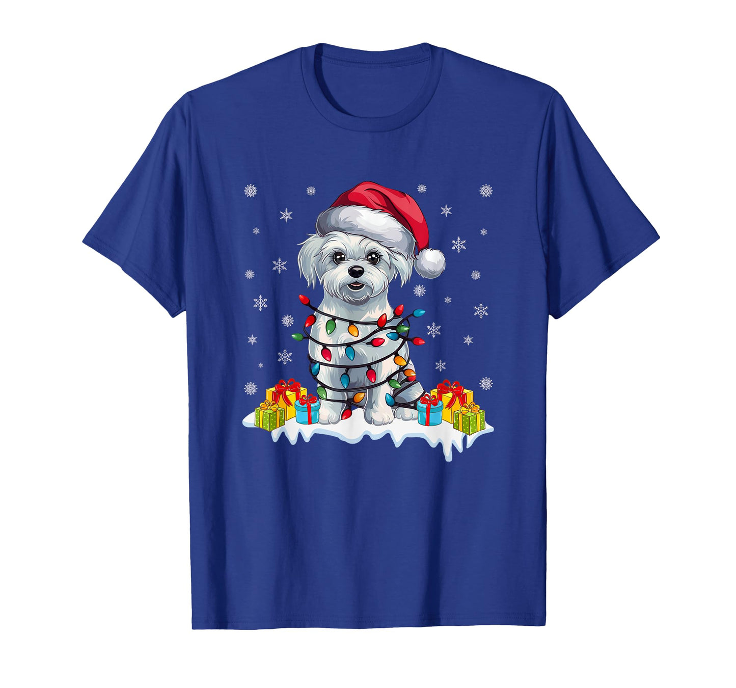 Xmas Lighting Maltese Dog Wearing Santa Hat Ugly Christmas T-Shirt