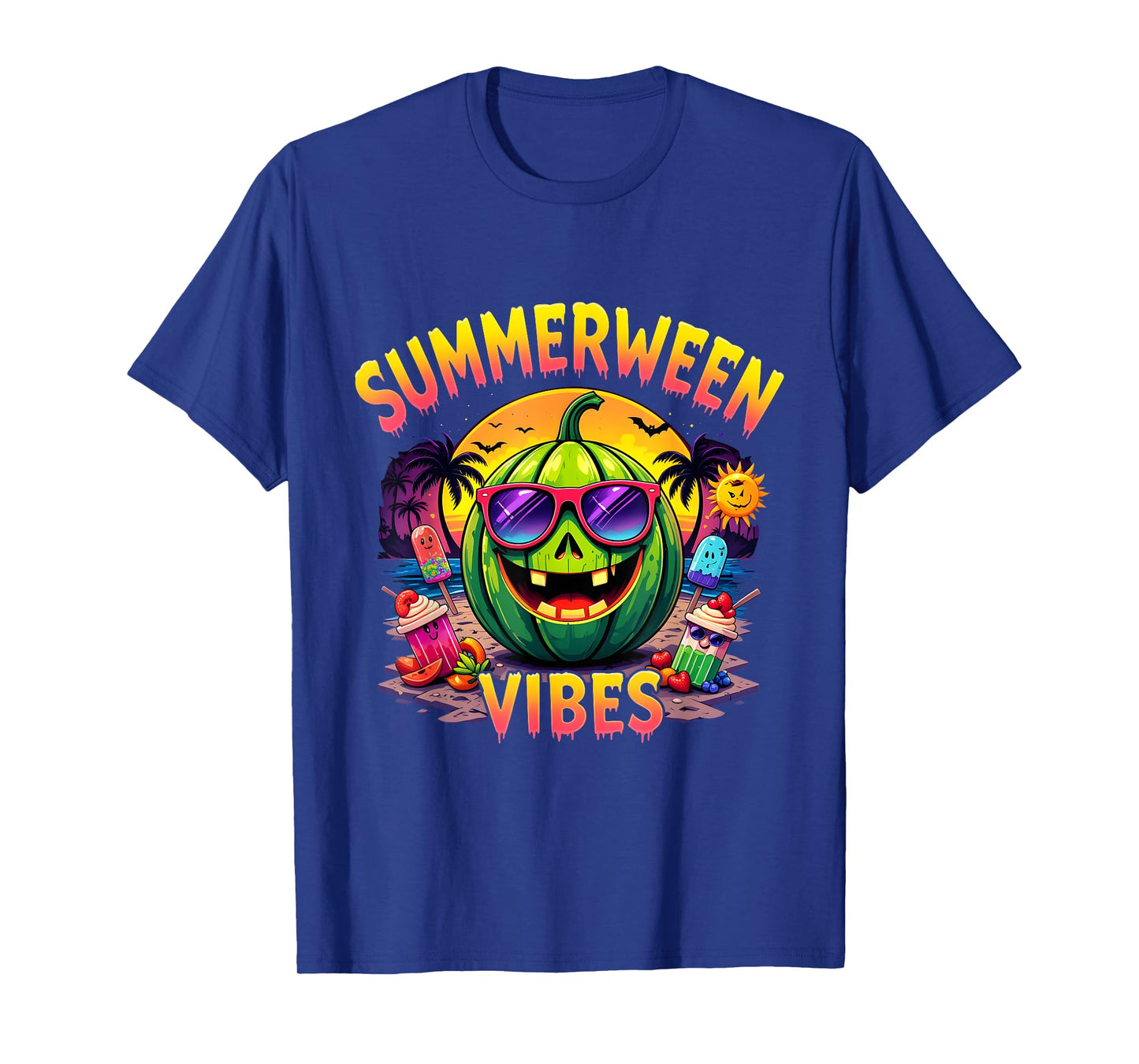 Summer Watermelon Jack-O-Lantern Summerween Vibes Skeleton T-Shirt