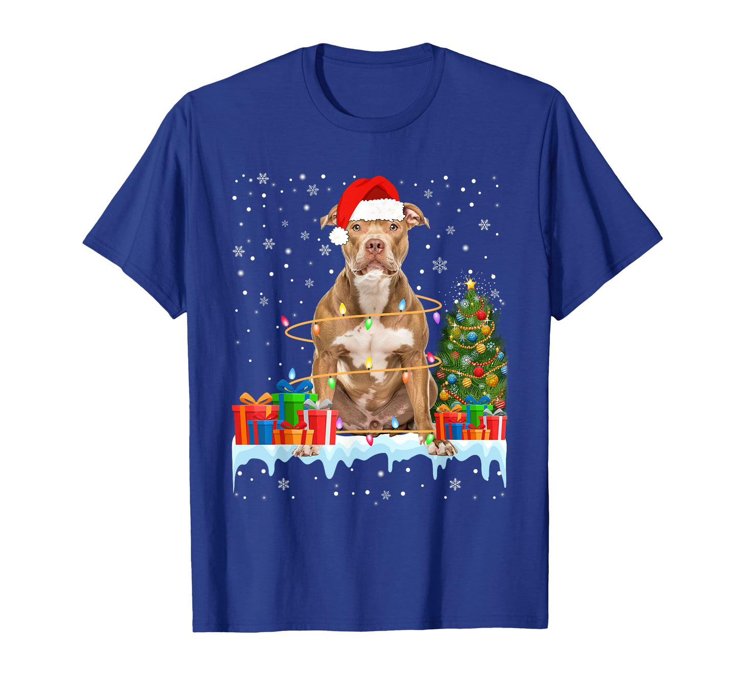 Funny Santa Pitbull Dog Christmas Lights Xmas Pajamas Men Women Kids T-Shirt