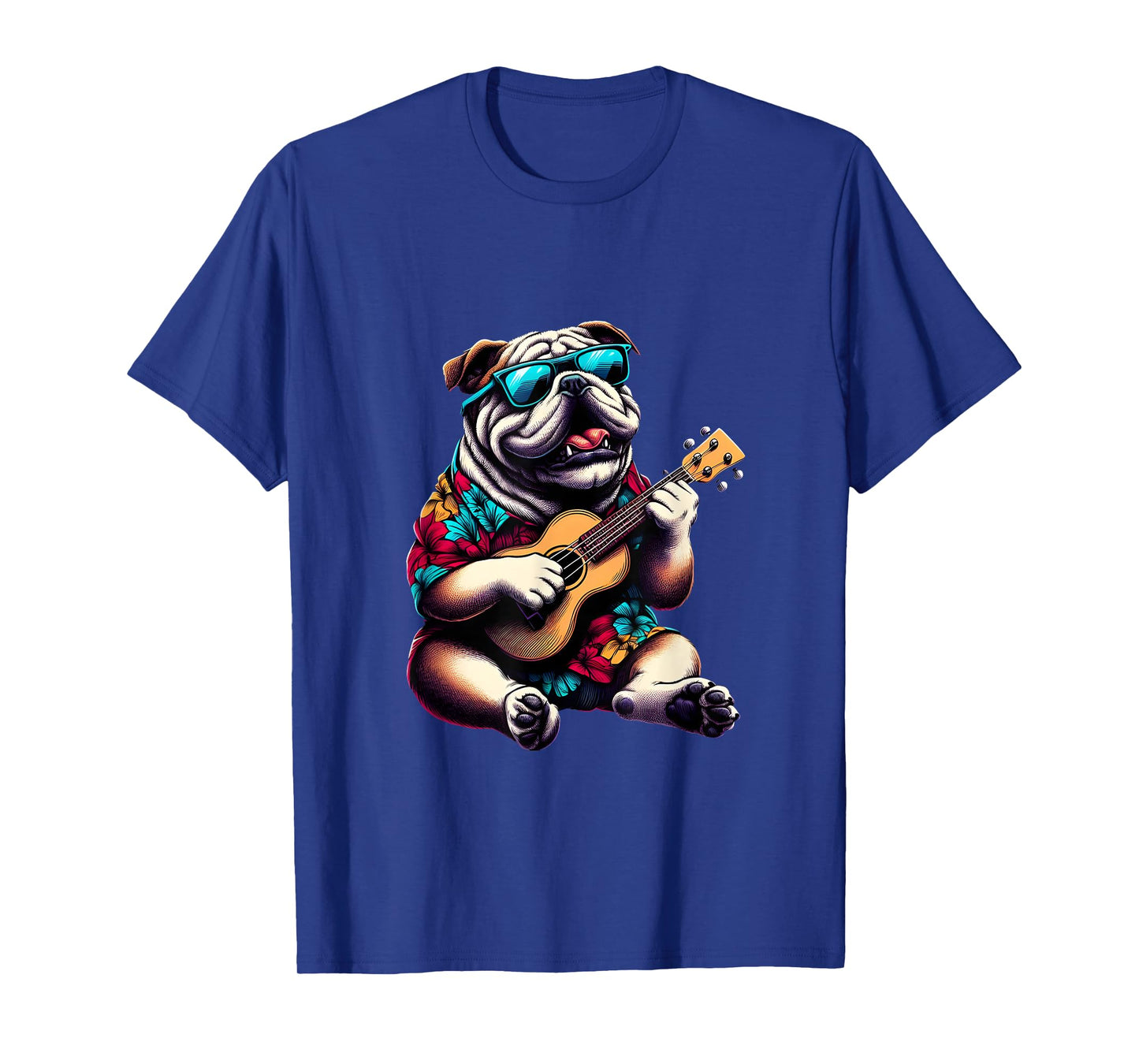 Bulldog Wearing a Hawaiian Shirt, Playing a Ukulele T-Shirt for Men Women Kids