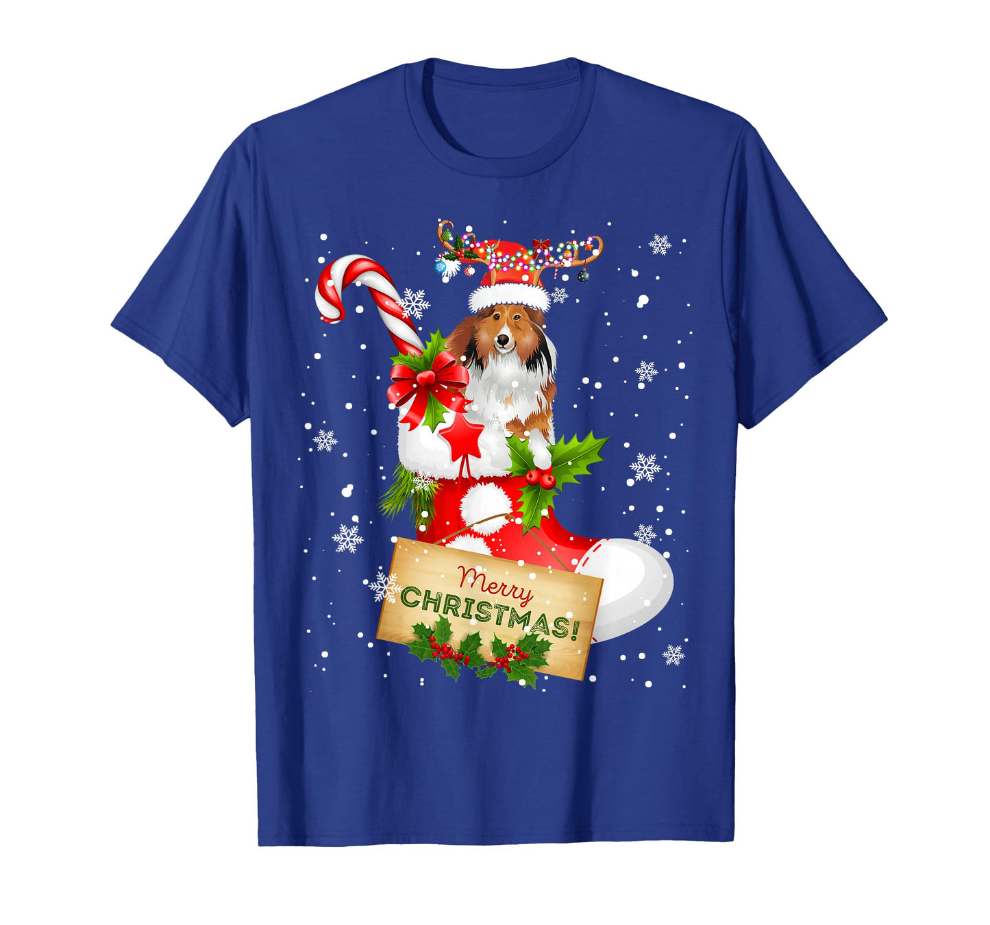 Merry Christmas Xmas Lights Santa Reindeer Sheltie In Sock T-Shirt