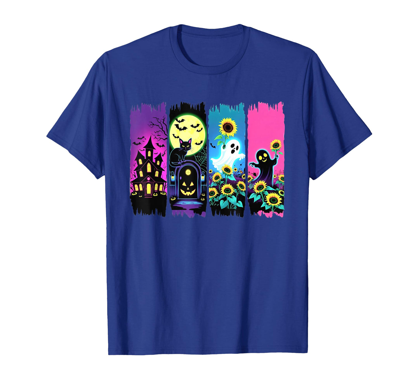 Colorful Halloween Ghosts and Sunflowers Brushstroke Design T-Shirt