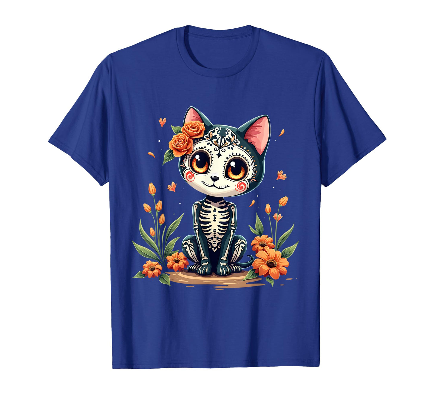 Colorful Sugar Skull Cat Tee Mexican Halloween T-Shirt for Men Women Kids
