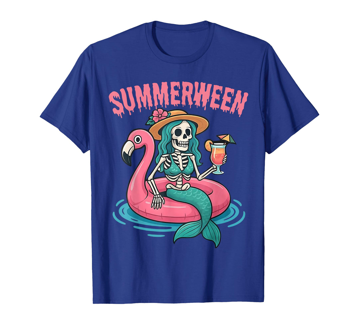 Summerween Mermaid Skeleton Beach Flamingo Halloween Girl T-Shirt