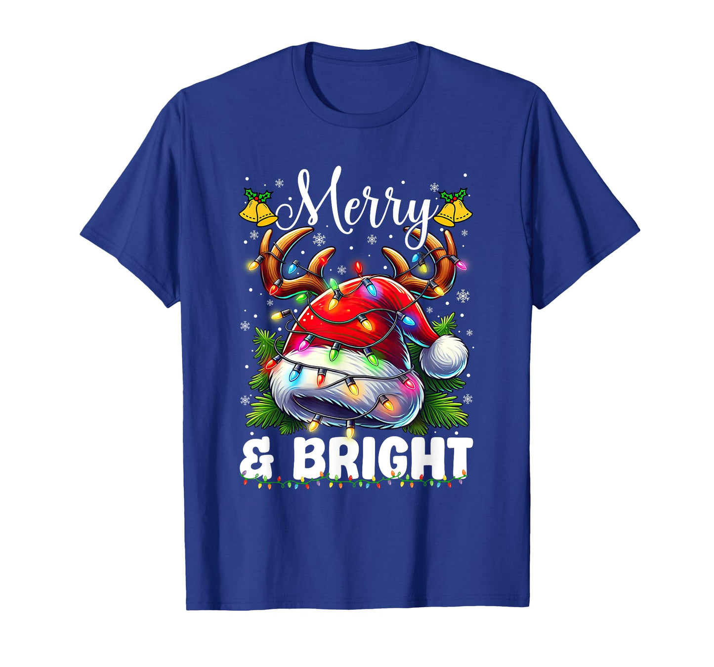 Merry and Bright Light Christmas Red Santa Hat Reindeer Xmas T-Shirt