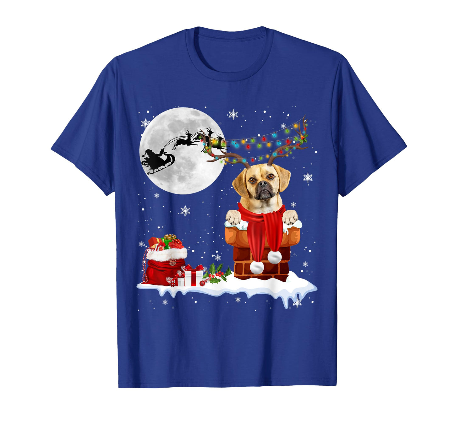 Puggle Dog Chimney Ugly Christmas Lights Xmas Pajamas Men Women Kids T-Shirt
