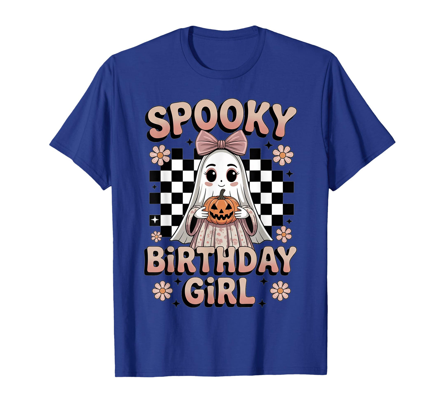 Halloween Birthday Girl Ghost Bow Pumpkin Checkered Spooky T-Shirt
