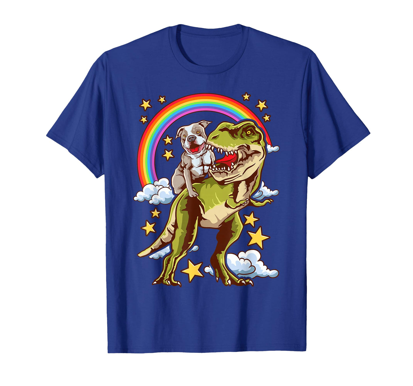 Funny Pitbull Riding A Dinosaur Rainbow Illustration Fun T-Shirt