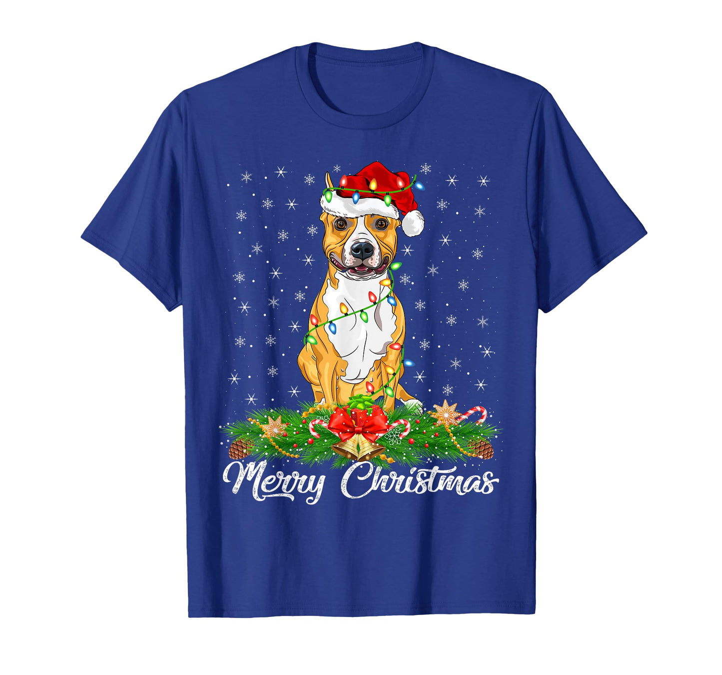 Xmas Lighting Santa Staffordshire Bull Terrier Dog Christmas T-Shirt