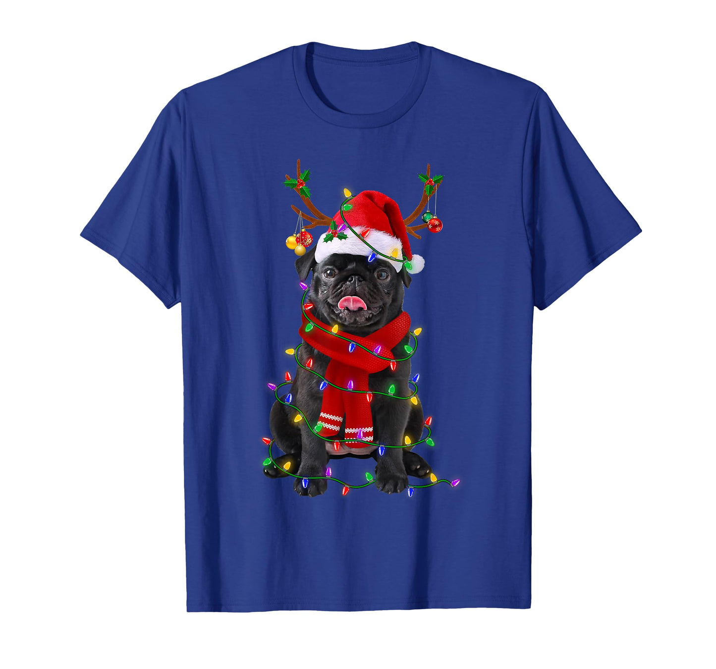 Black Pug Dog Tree Christmas Lights Xmas Pajama Men Women Kids T-Shirt
