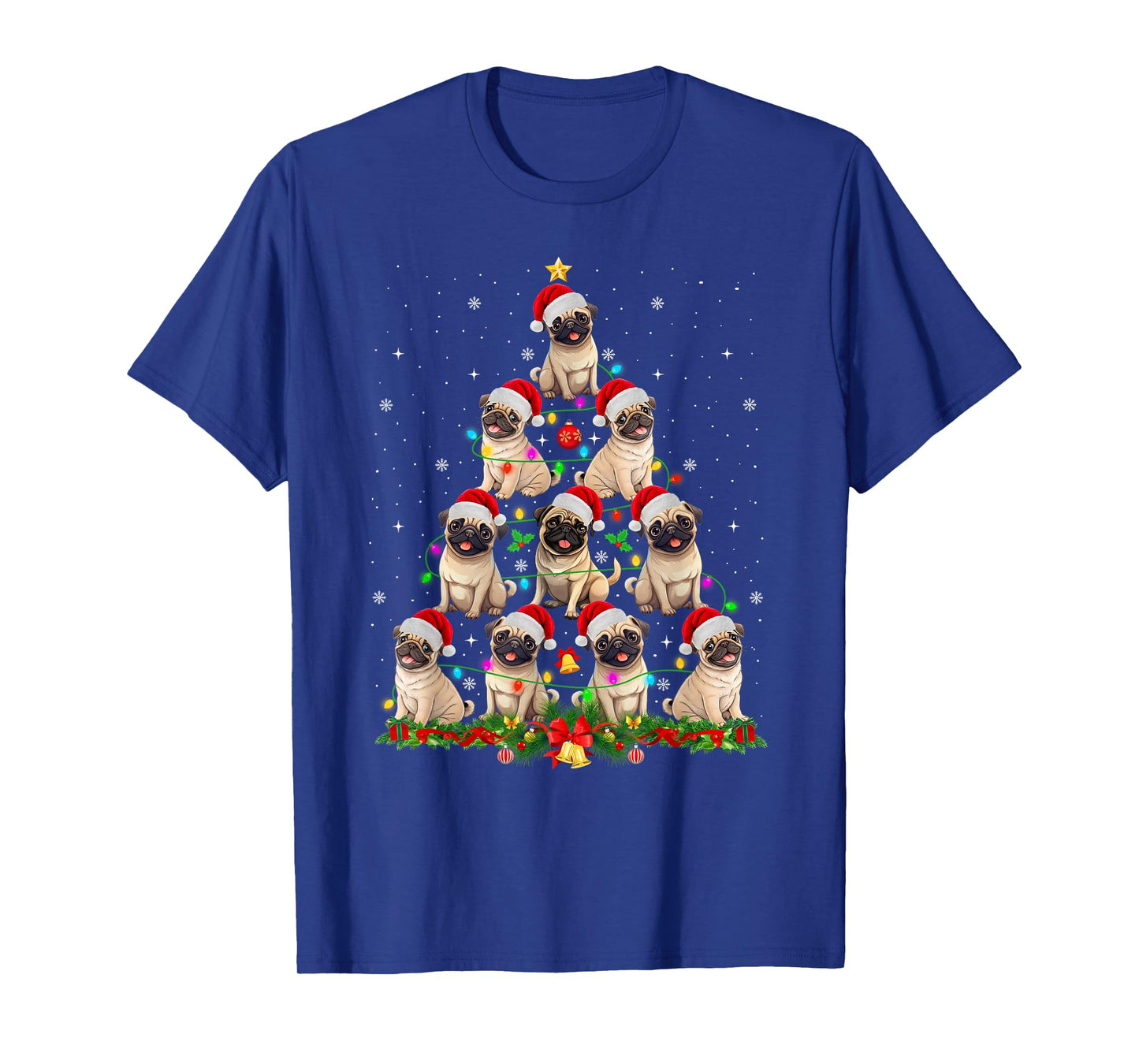 Pug Santa Hat Christmas Tree Lights Xmas Pugmas Dog Lover T-Shirt