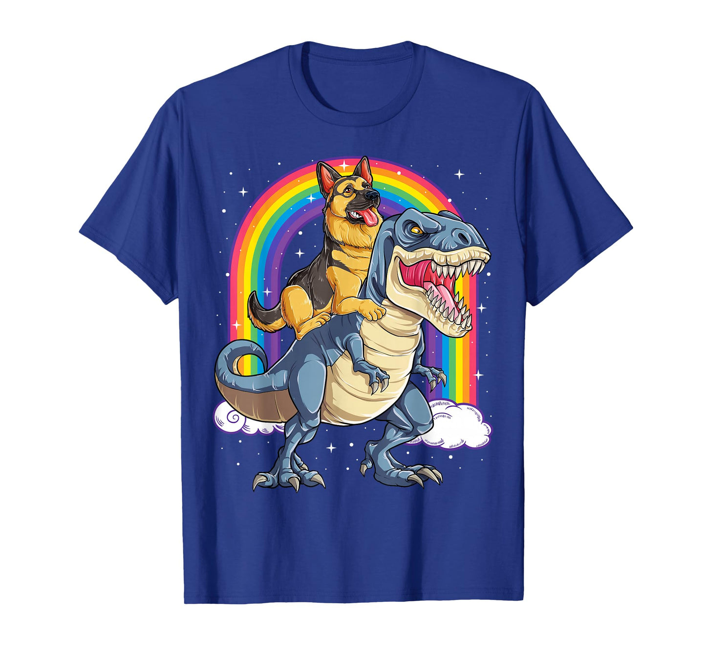 German Shepherd Riding Dinosaur T-rex Gift Boys Kids Rainbow T-Shirt