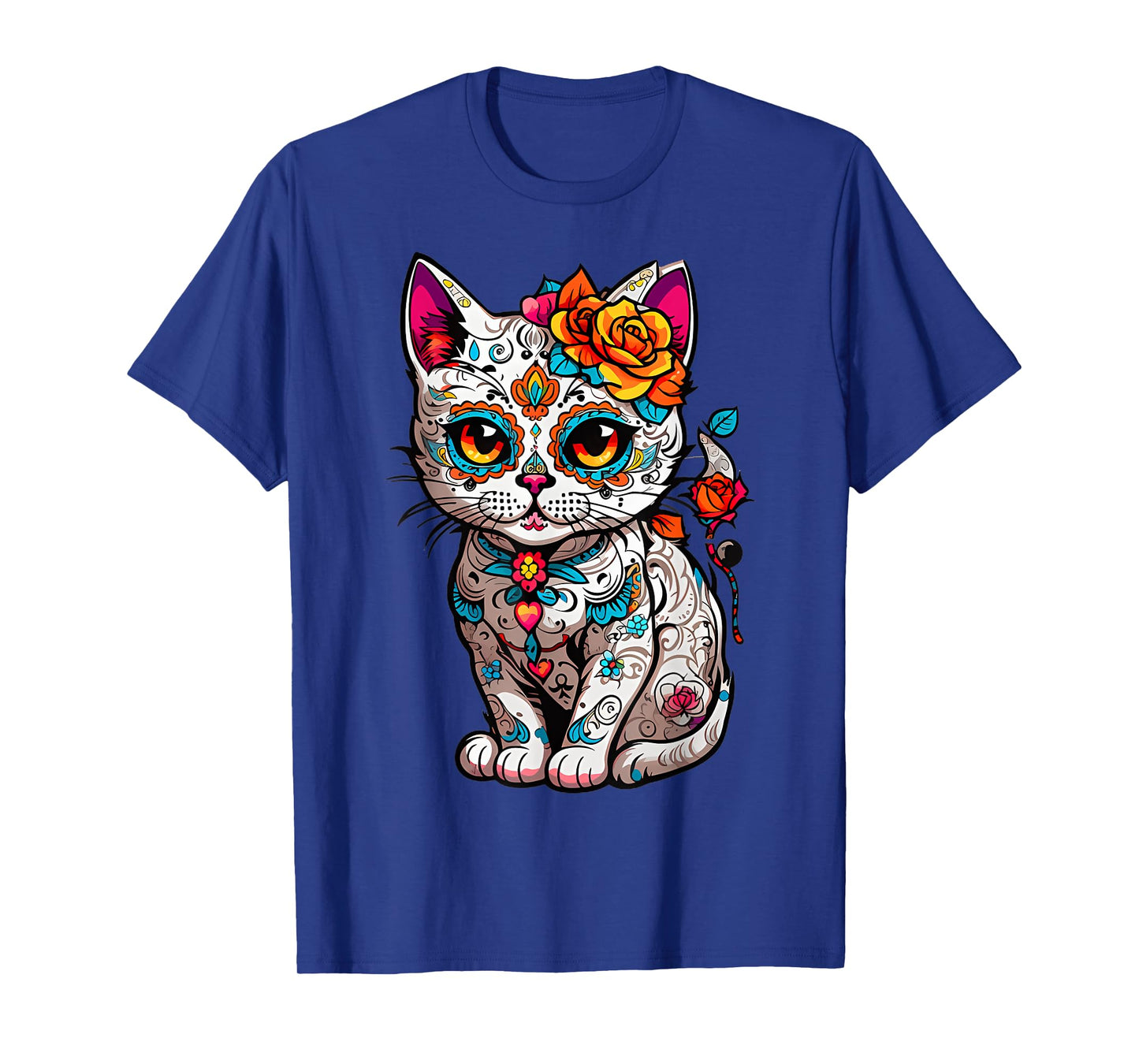 Sugar Skull Cat Floral Dia De Los Muertos Mexican T-Shirt