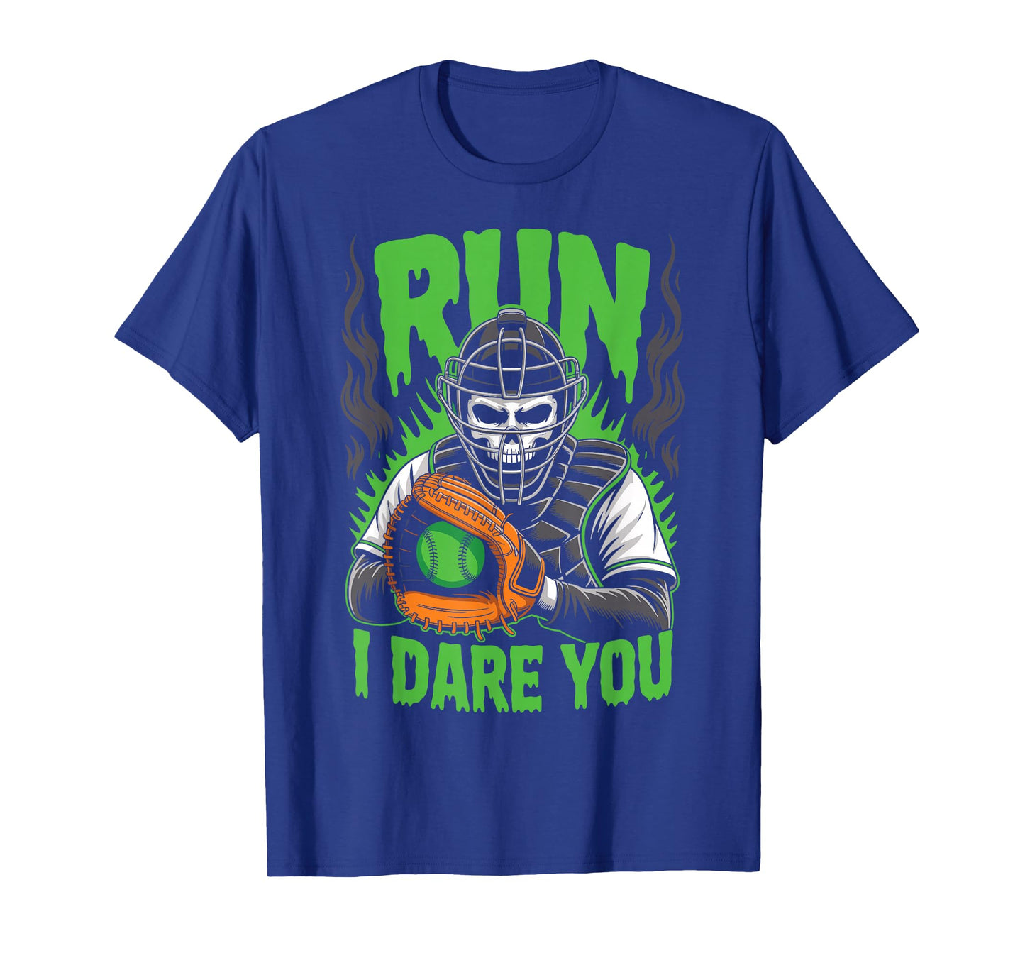 Run I Dare You Scary Baseball Catcher Creepy Skull T-Shirt