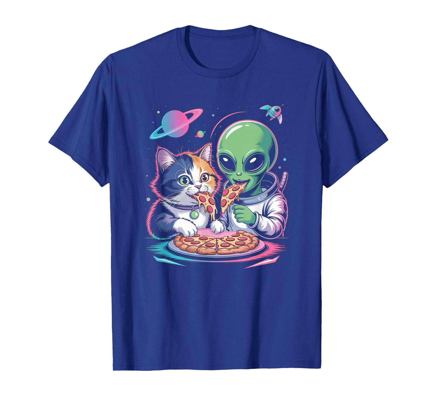 Funny Cat and Alien Sharing Pizza Space UFO for Men Women T-Shirt