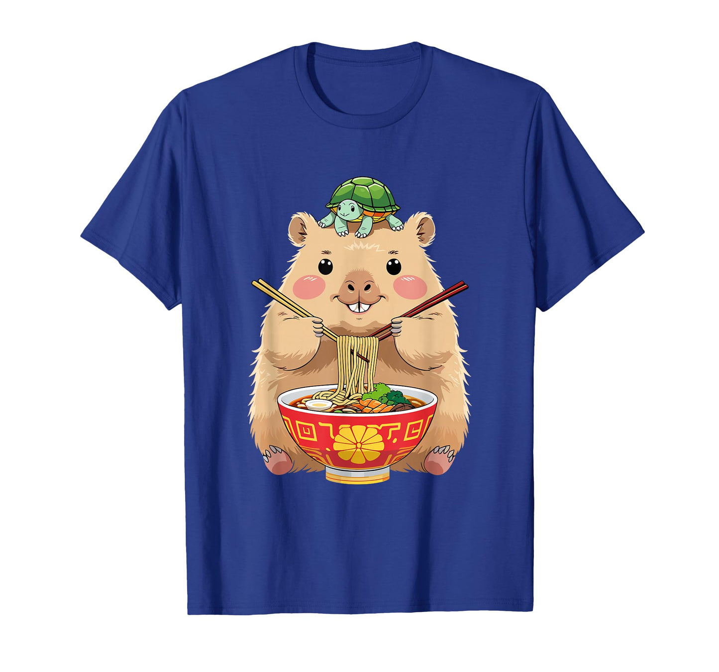 Cute Kawaii Capybara Eating Noodles with Turtle on Head T-Shirt
