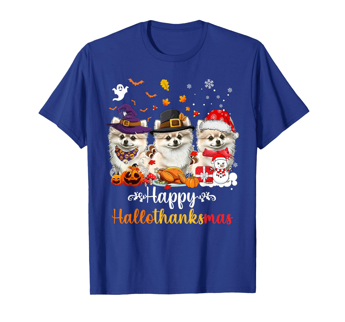 Happy Hallothanksmas Pomeranian Dog Halloween Christmas Men Women Kids T-Shirt