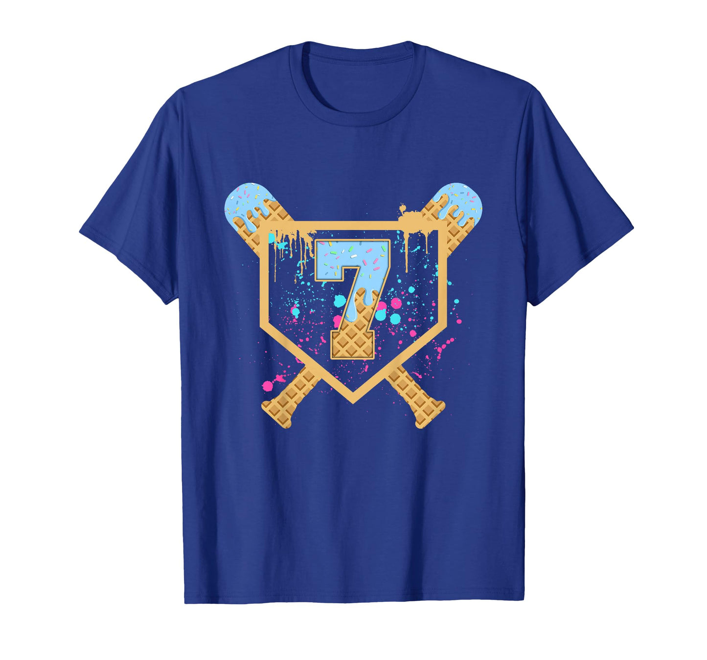 Kids Baseball 7 Year Old Ice Cream Drip 7th Birthday Boy Number 7 T-Shirt