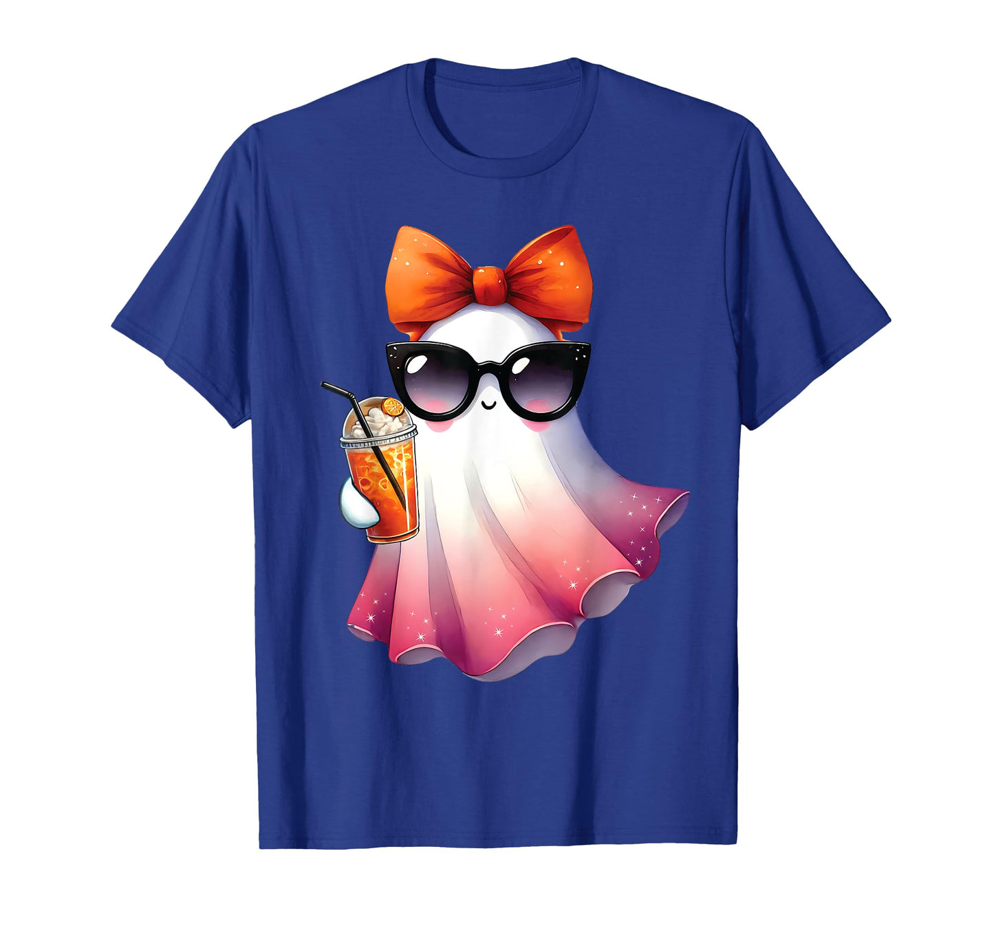 Cute Ghost Drinking Coffee With Halloween Bow Womens Girls T-Shirt