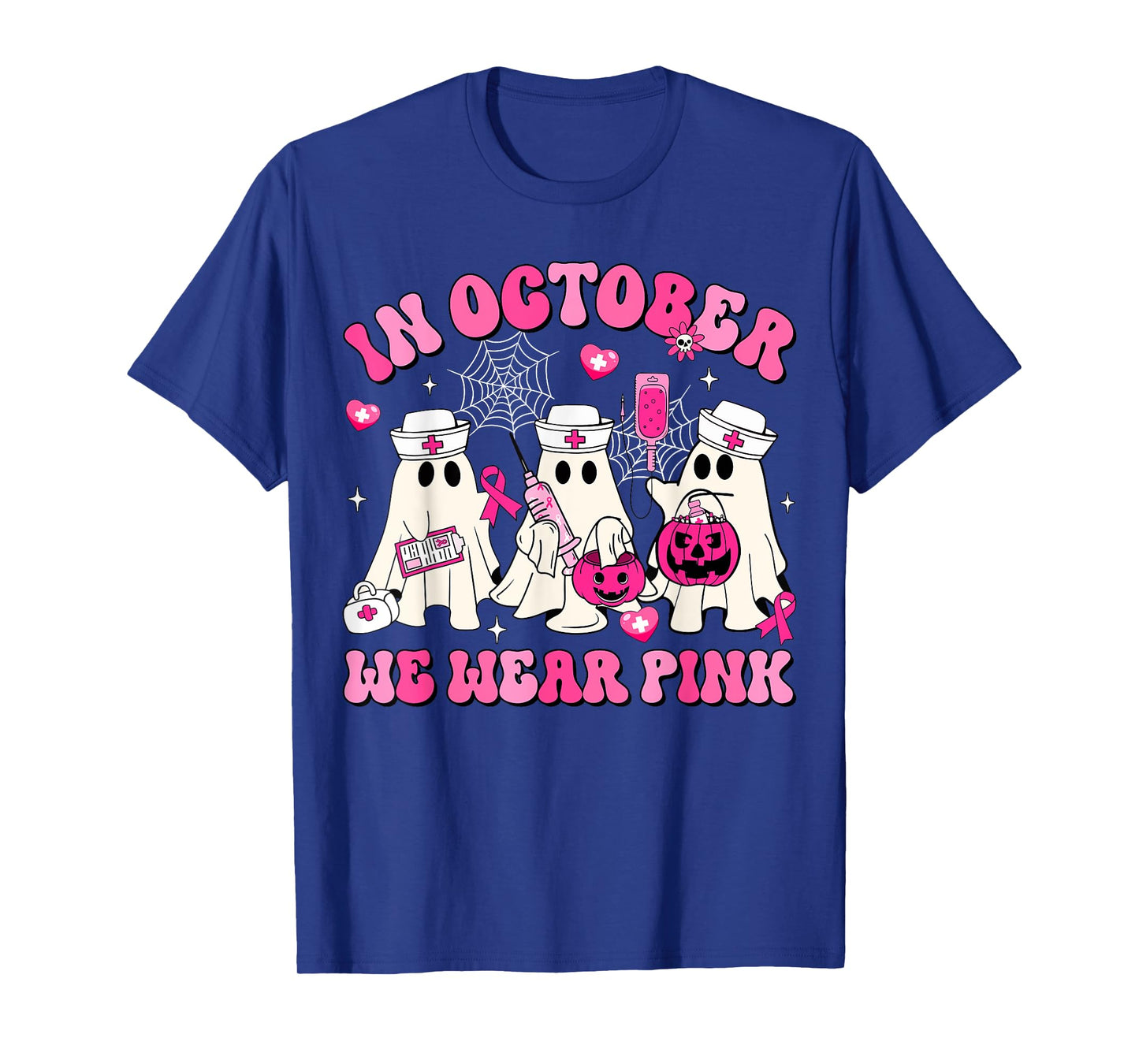 October We Wear Pink Nurse Ghost Halloween Breast Cancer T-Shirt
