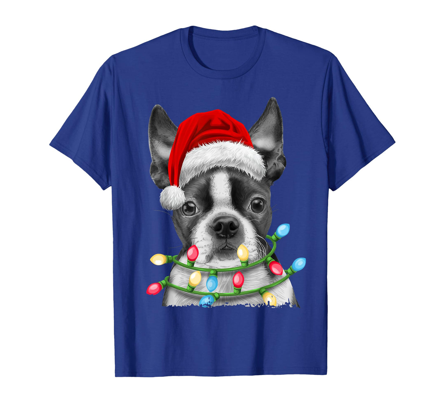 Boston Terrier Santa Christmas Tree Lights Xmas Boys Men Dog T-Shirt