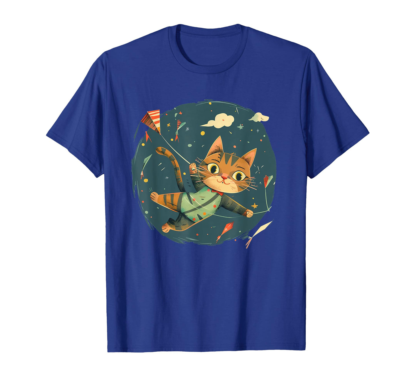 Cheerful Cat Flies Kites Emblem for a Playful Windy Touch T-Shirt