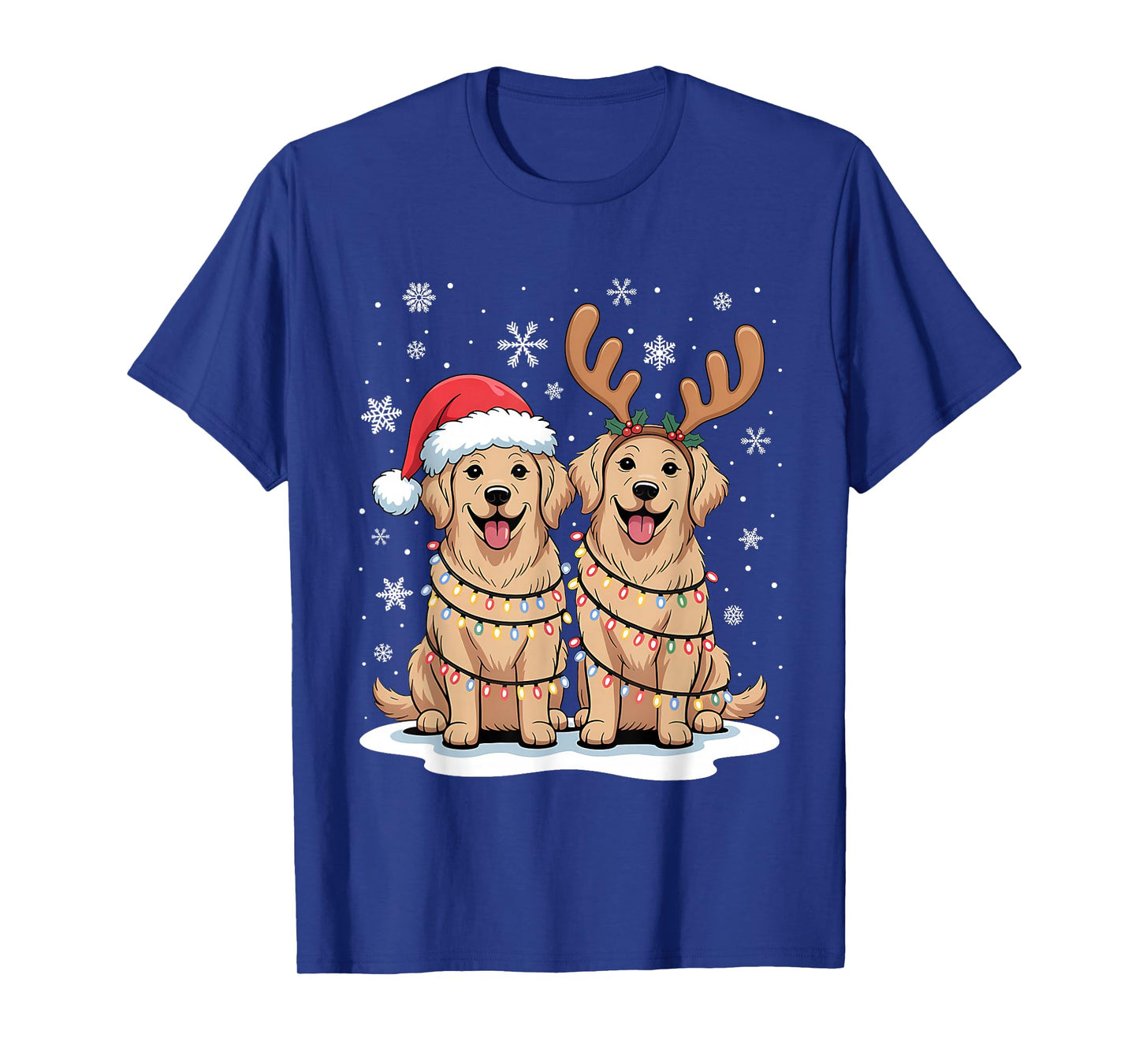 Golden Retriever Christmas Santa Hat Reindeer Lights Pajama T-Shirt