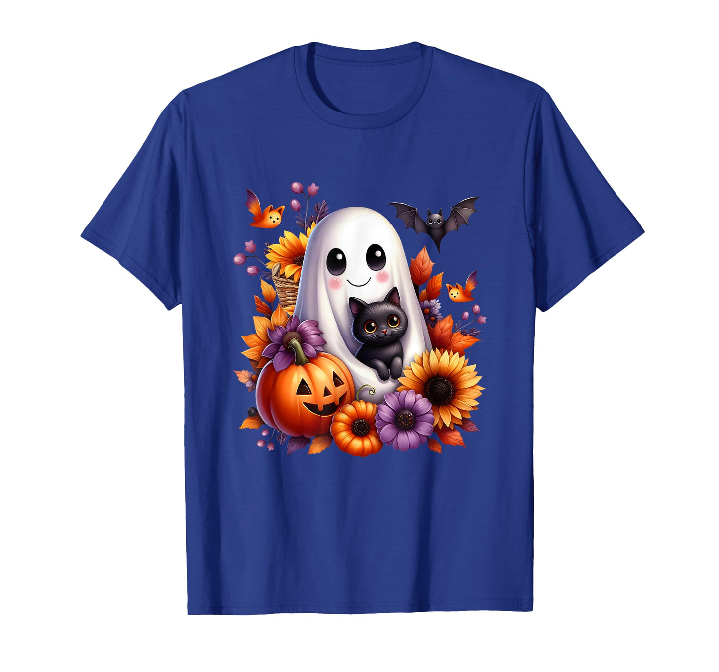 Vintage Halloween Ghost with Black Cat Pumpkin Autumn Flower T-Shirt