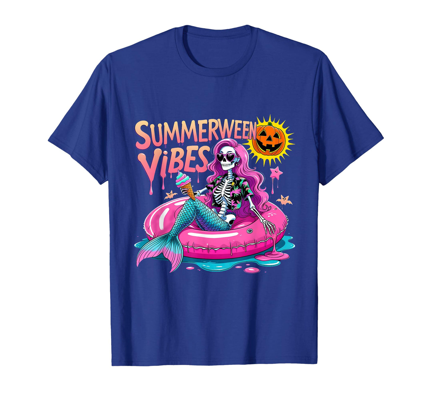 Summerween Vibes Spooky Summer Mermaid Skeleton Halloween T-Shirt