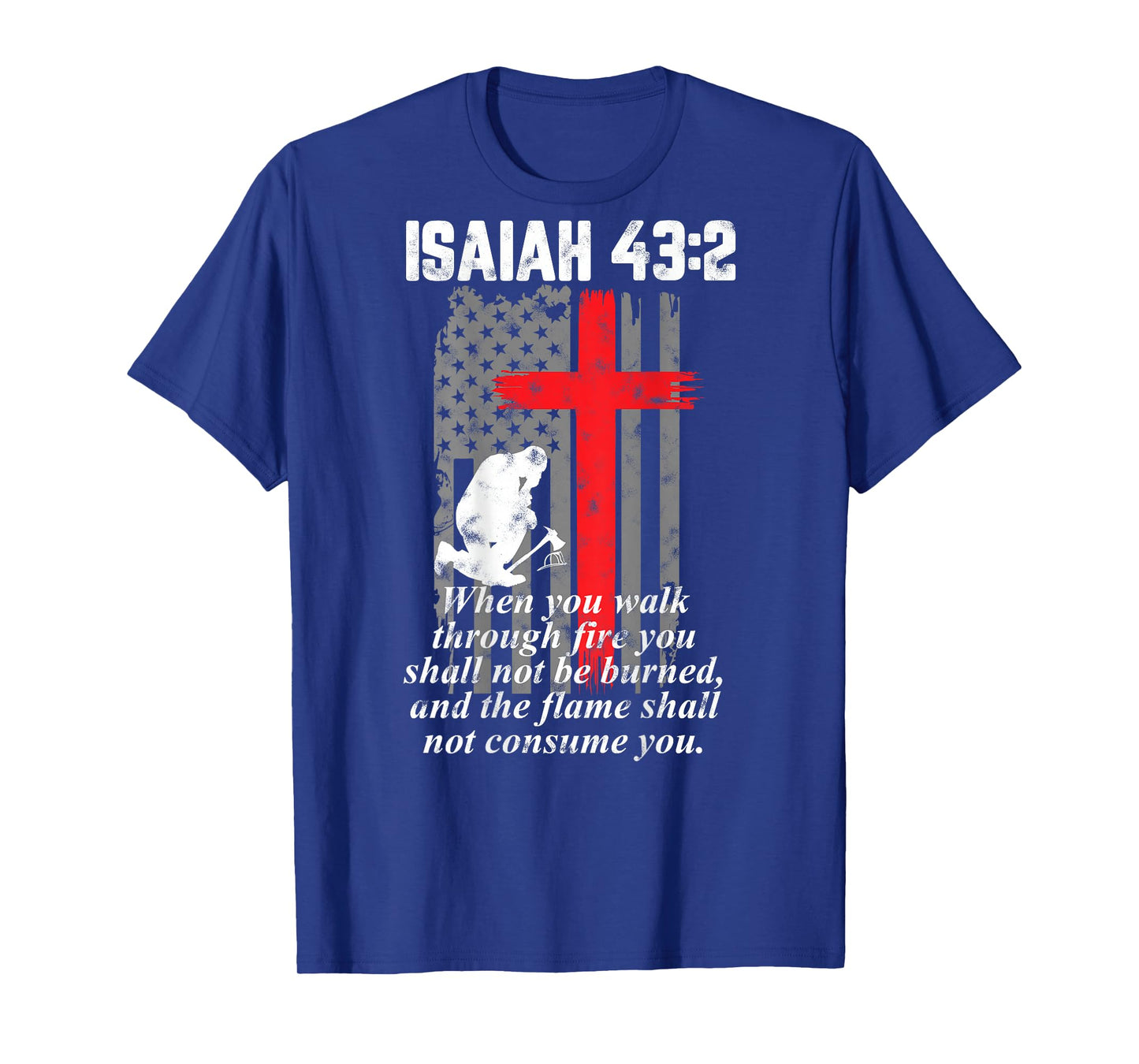 Thin Red Line Firefighter Cross Bible Verse American Flag T-Shirt Small